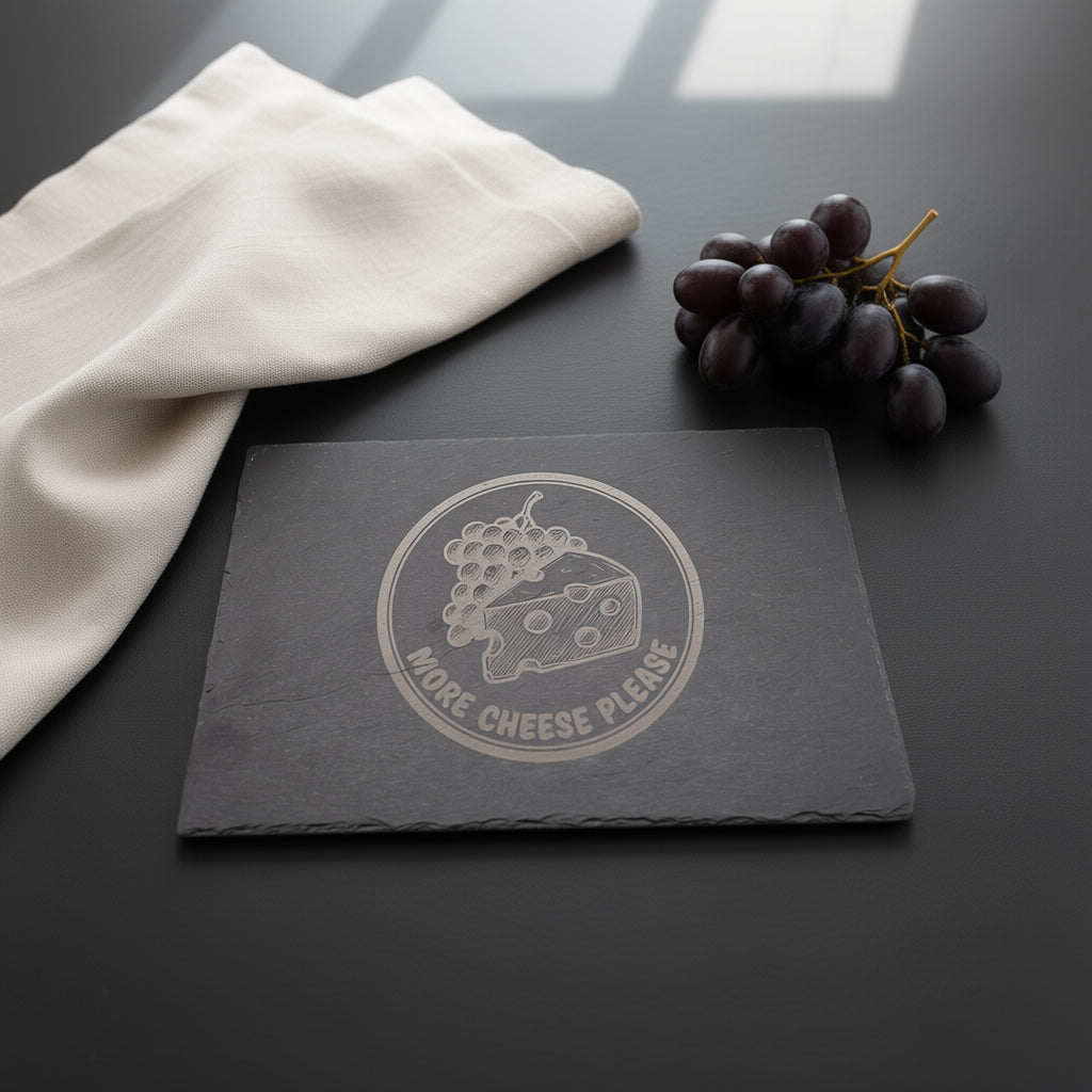 a black slate with grapes and a napkin on a black surface