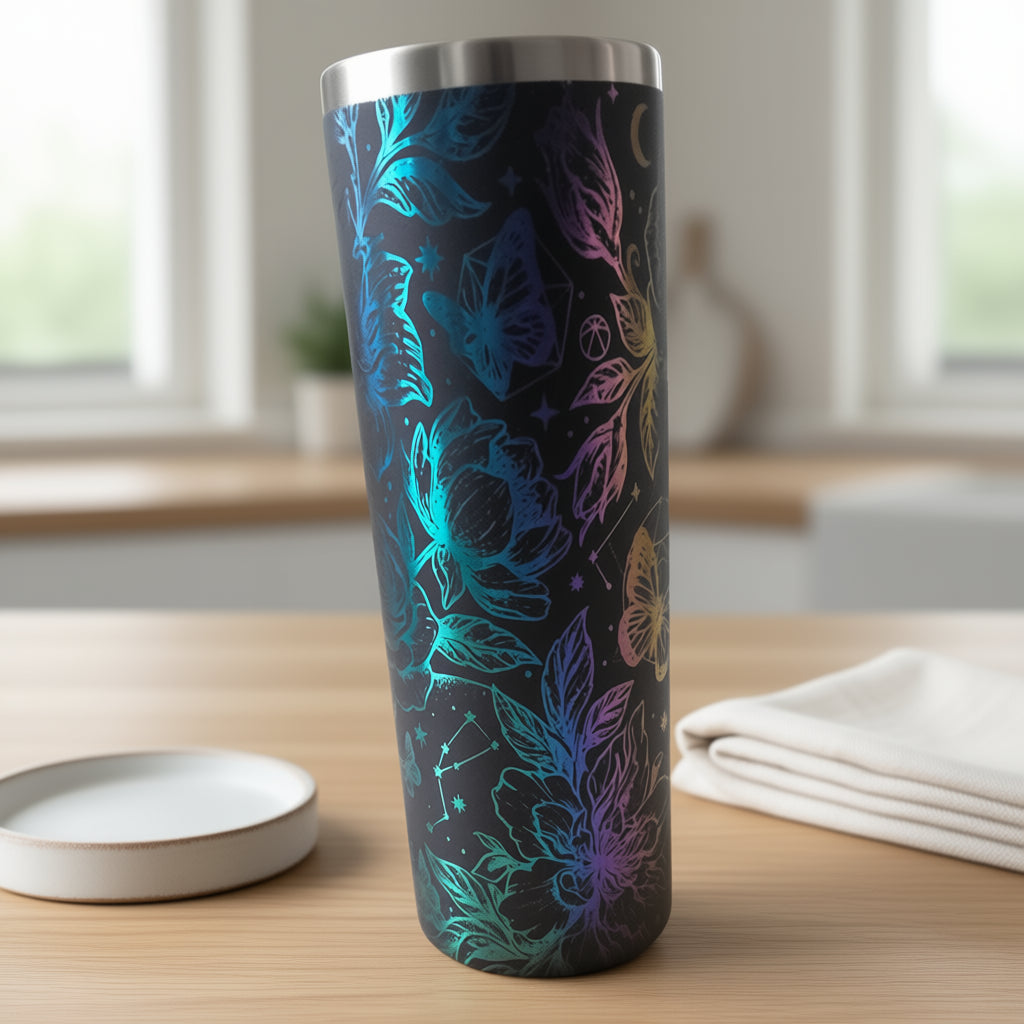 20 Oz Travel Tumbler - Black with Iridescent - Celestial Flowers and Stars