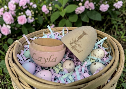 a basket with eggs and a egg shaped container