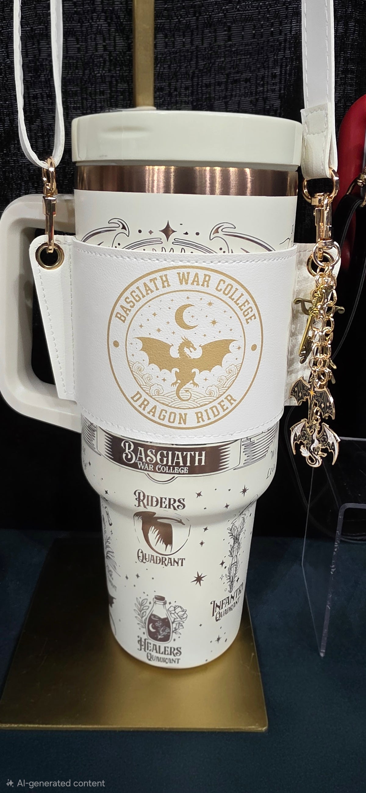 Cream and bronze 40 oz dragon rider tumbler with cream-colored strap and multi-strand dragon charms.