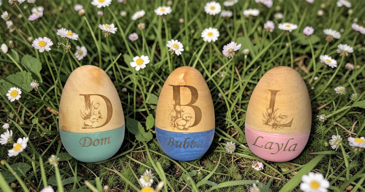 a group of eggs with name engraved on them