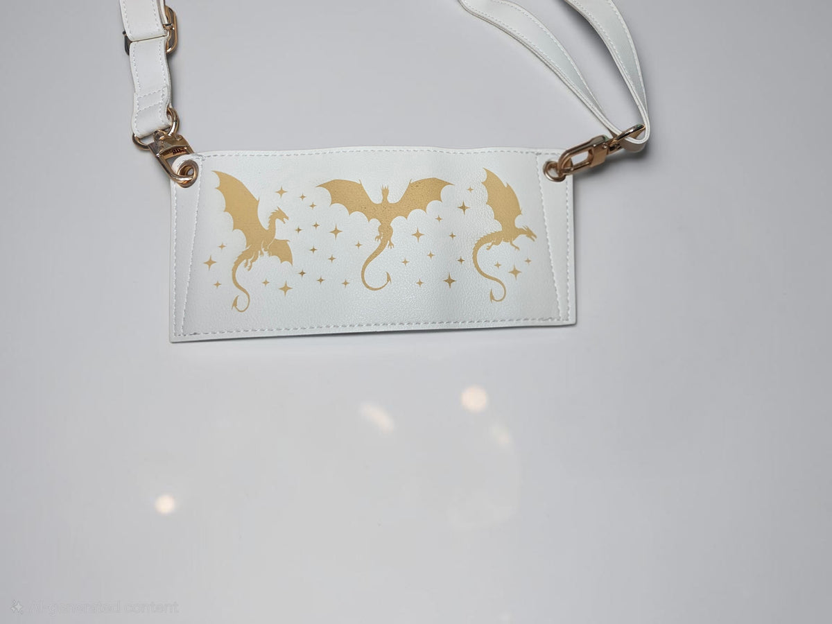 a white bag with gold dragons on it