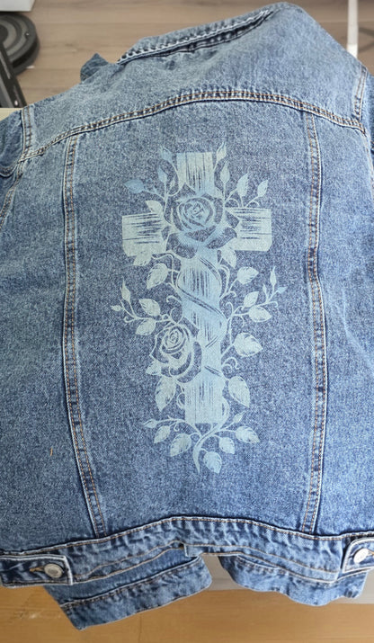 Cross and Roses Laser-Engraved Denim Jacket