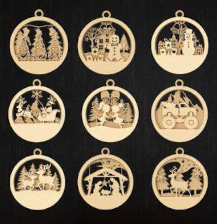 Laser Engraved Wooden Christmas Ornaments – Set of 9