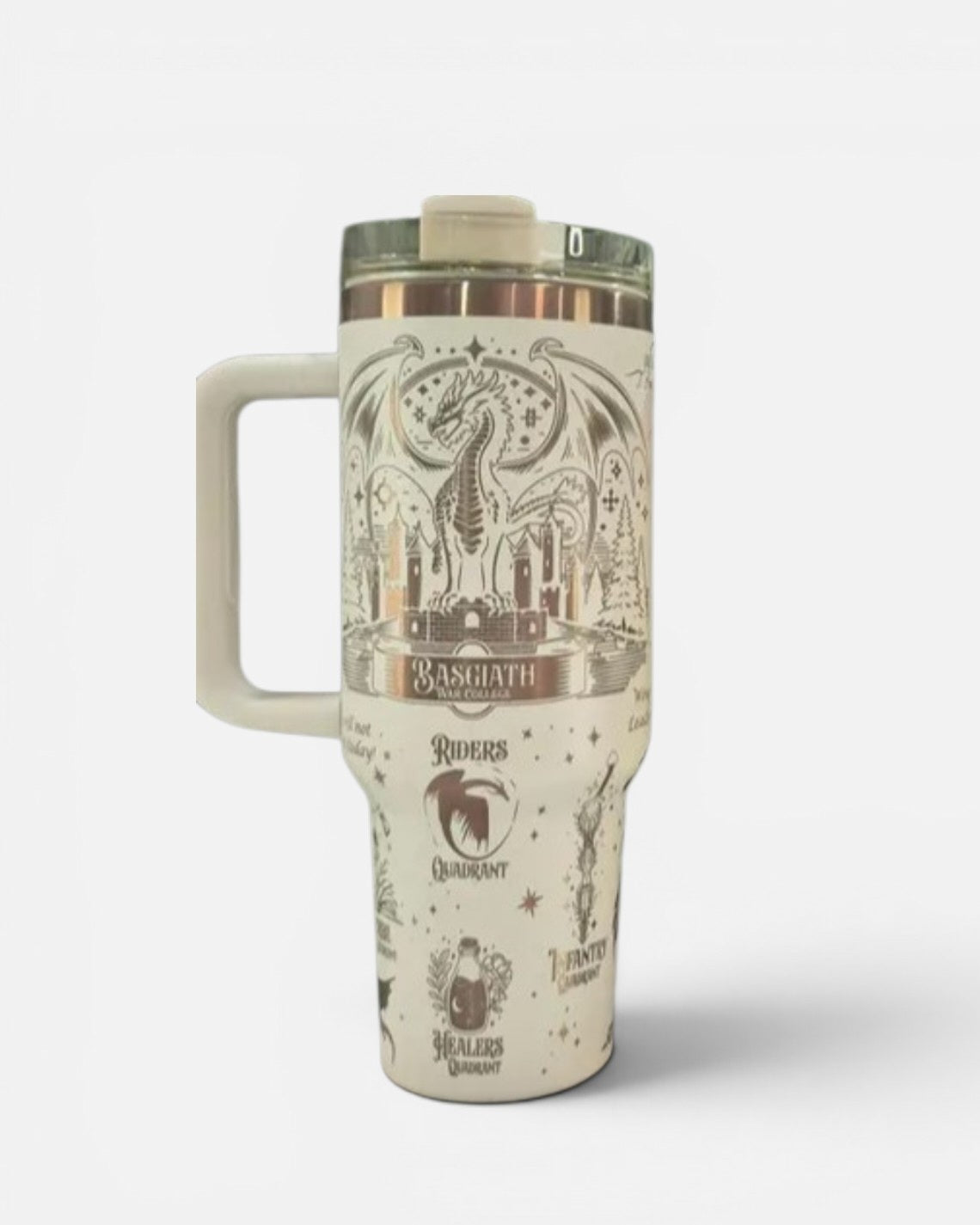 a white and gold travel mug